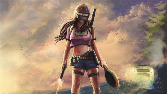 Girl with PUBG helmet and weapons