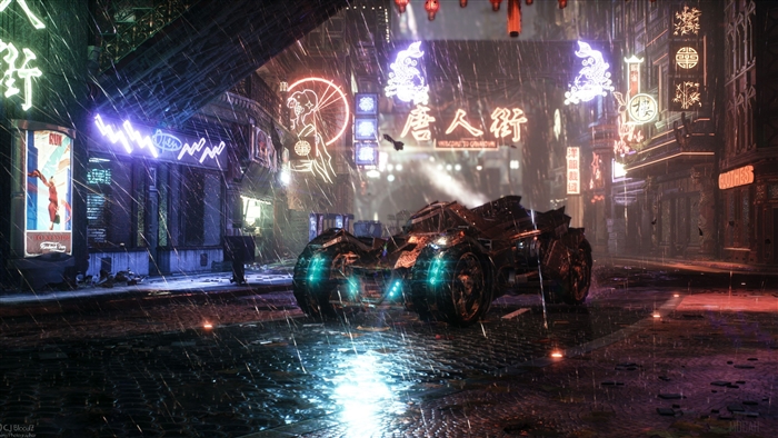 Batmobile from Arkham Knight in a rainy city 4K