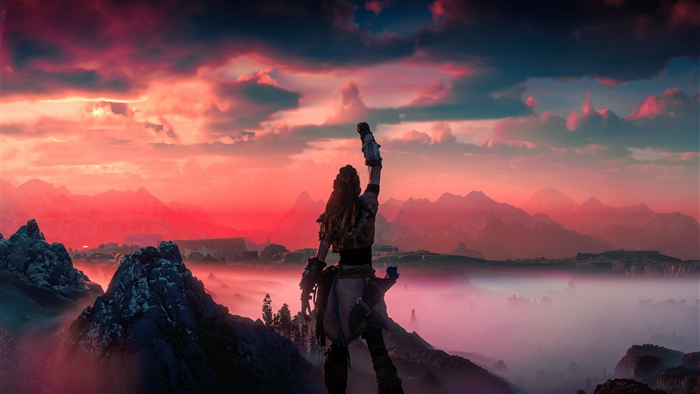 Aloy from Horizon Zero Dawn in a mountain landscape