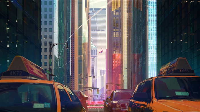 Spider-Man swinging through a New York City street with taxis