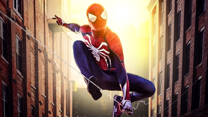 Spider-Man swinging between buildings in New York City