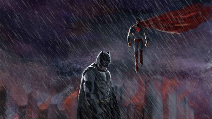 Batman and Superman in the rain 4K