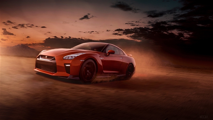 Orange Nissan GTR driving in desert 4K