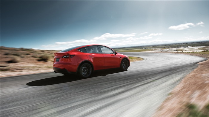 Red 2019 Tesla Model Y on a Racetrack