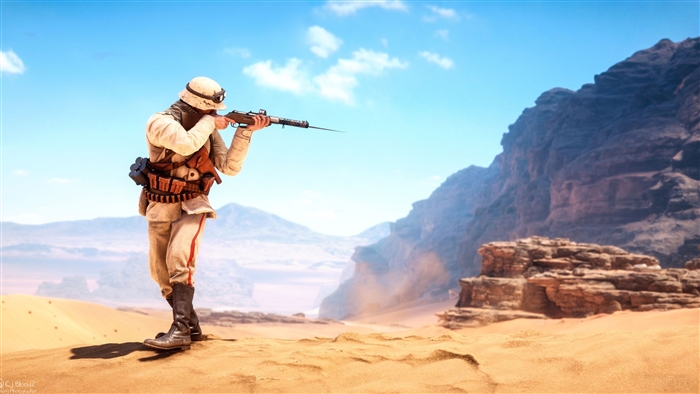 Soldier aiming rifle in desert landscape Battlefield 1 4K