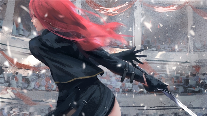 Woman with red hair in black outfit with swords