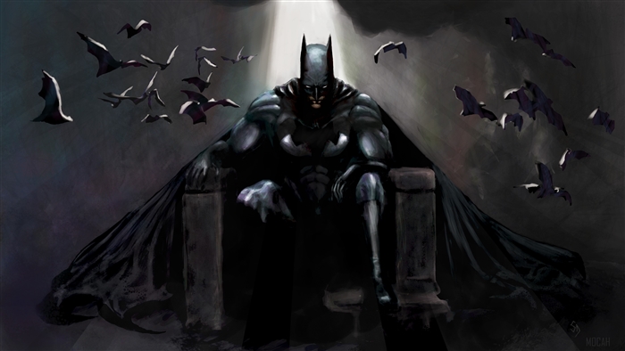 Batman sitting on a throne with bats flying around