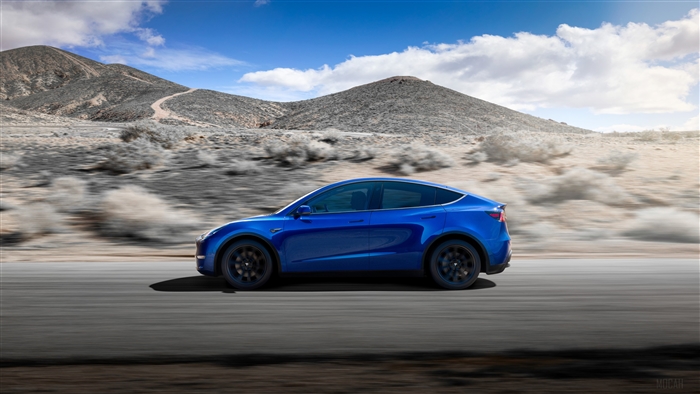 Blue 2019 Tesla Model Y driving on a road