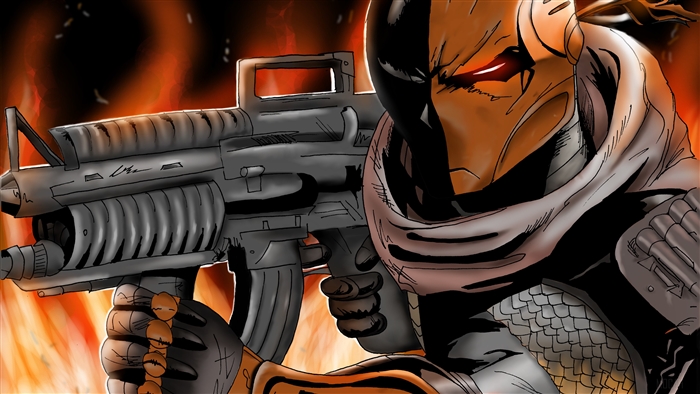 Deathstroke holding a rifle with fire in the background