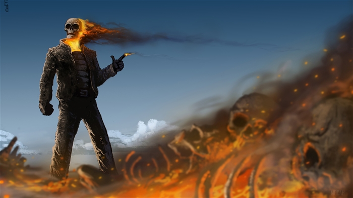 Ghost Rider with flaming skull and bones