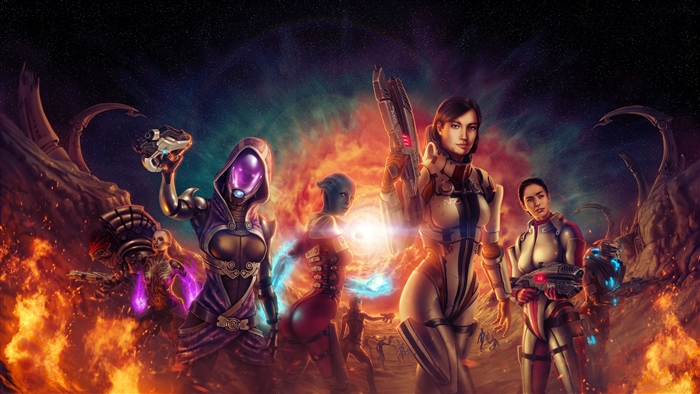 Mass Effect characters in a fiery landscape