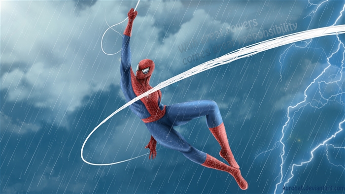 Spider-Man swinging through a stormy sky with lightning