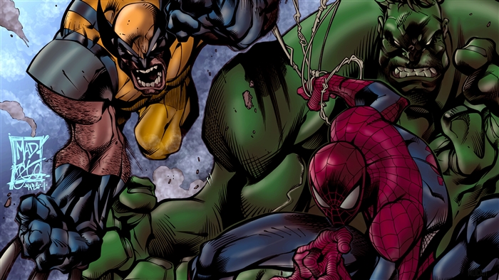 Wolverine, Hulk, and Spider-Man in battle 4K