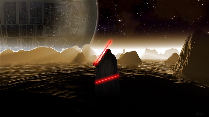 Sith Lord with red lightsabers and Death Star 4K