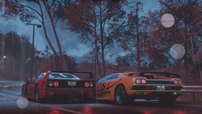Ferrari F40 and Lamborghini Diablo SV in the rain