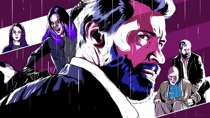 Logan and other characters in a stylized illustration