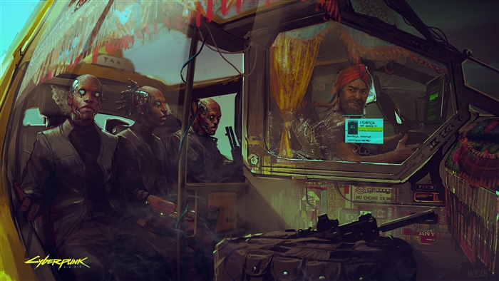 Cyberpunk 2077 taxi with passengers and driver
