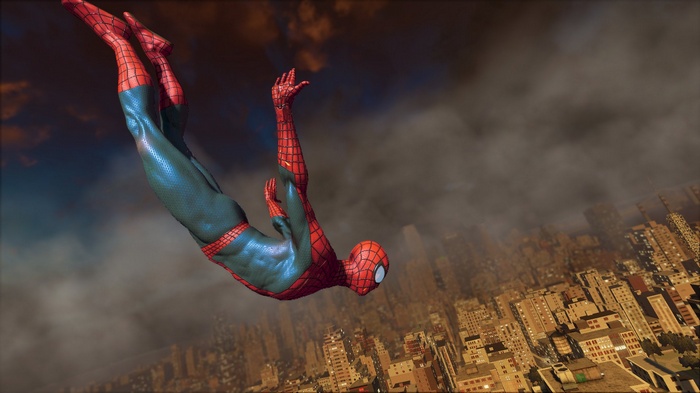Spider-Man falling over a city