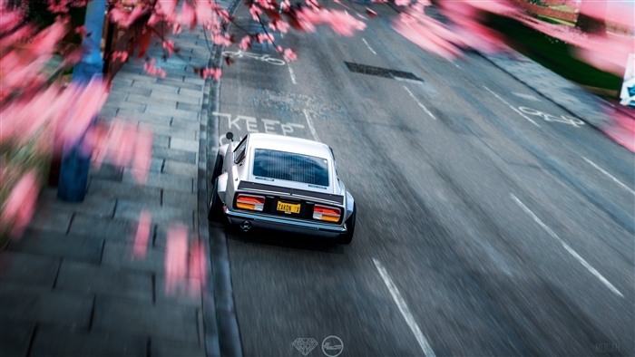 White Nissan Fairlady Z driving on road with pink trees