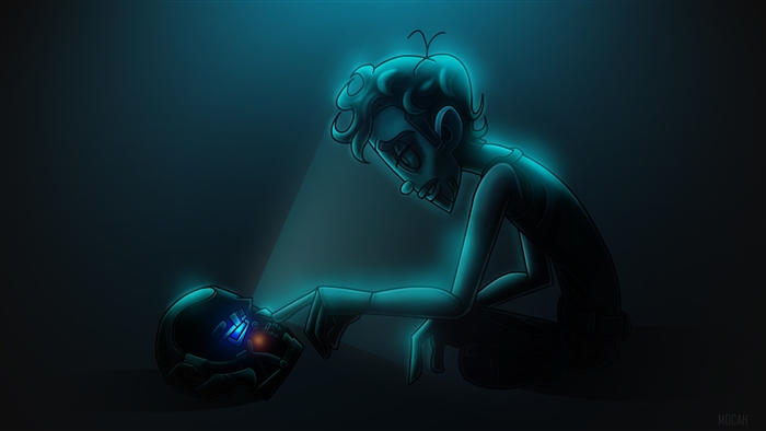 Man looking at a glowing skull