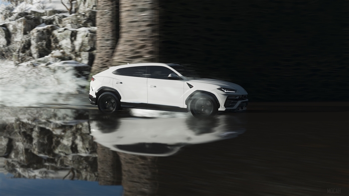 White Lamborghini Urus driving on wet road