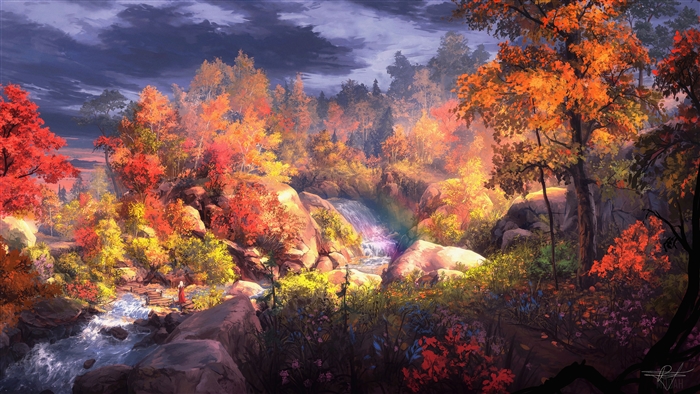 Fantasy Autumn Waterfall with Rainbow 4K