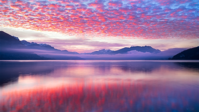 Pink Clouds Over Lake and Mountains 4K