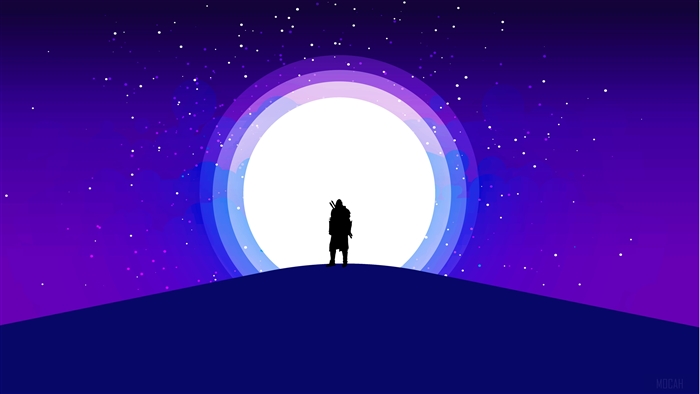 Silhouette warrior against a large moon and starry sky