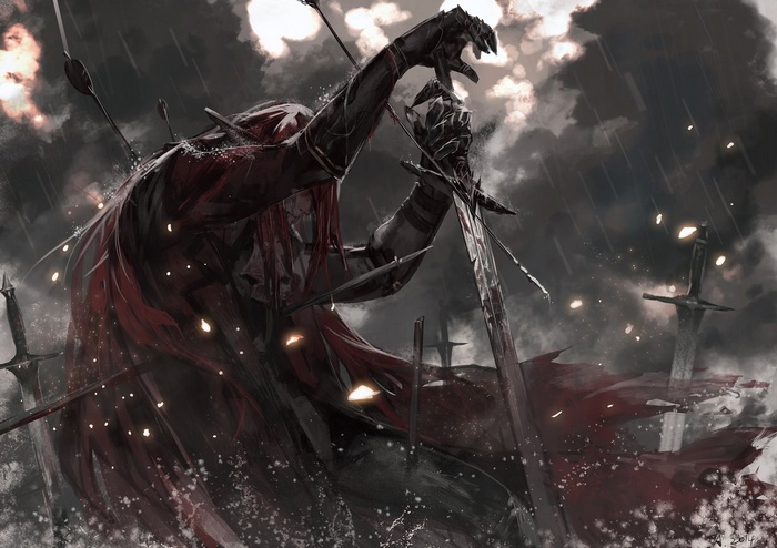Dark warrior with swords and cape in the rain