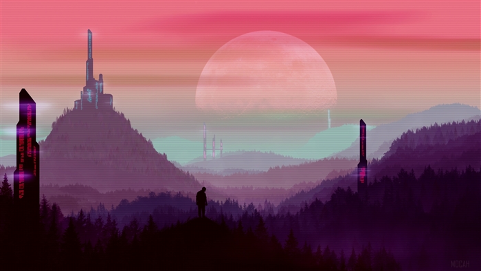 Retro Sci-Fi Landscape with Towers and Moon 4K