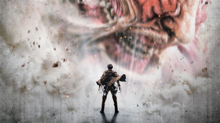 Warrior with swords facing a giant titan