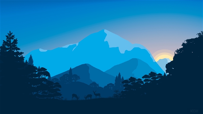 Sunset over mountains with deer in forest 4K