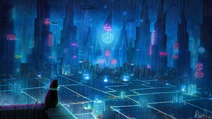 Cat in Cyberpunk City during Rain 4K