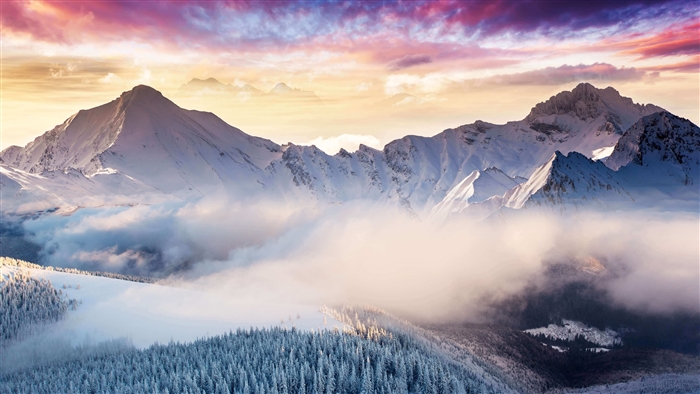 Winter Mountains with Colorful Sunset Sky 4K
