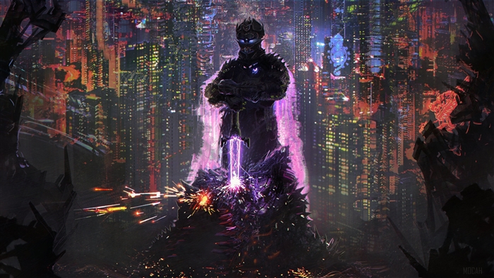 Purple Knight with Sword in Cyberpunk City 4K