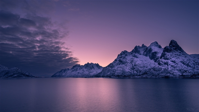 Snowy Mountains Over Water at Dusk in Lofoten Norway 4K
