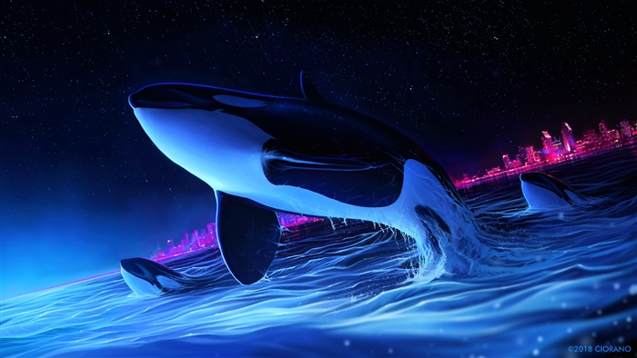 Orca Whale Breaching Near City Skyline at Night 4K