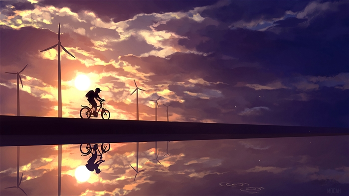 Silhouette of a person cycling near wind turbines at sunset