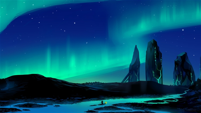 Aurora Borealis over Standing Stones and a Village
