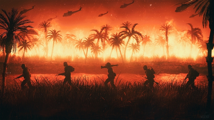 Soldiers and Helicopters in a Burning Jungle 4K