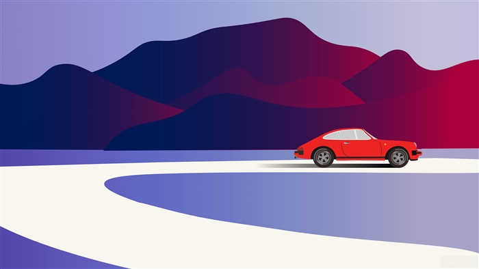 Red Porsche driving on a road with mountains