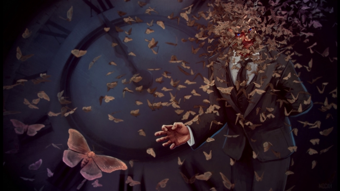Man dissolving into moths in front of a clock