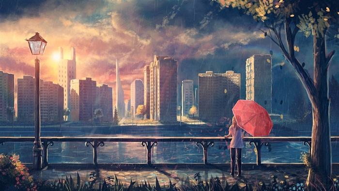 Anime Girl with Red Umbrella in Rainy Cityscape 4K