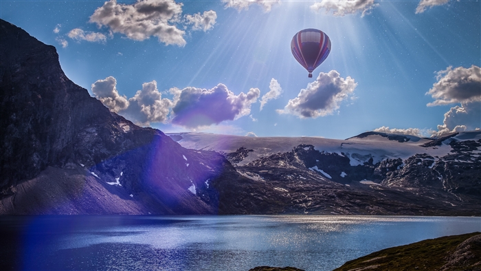 Hot Air Balloon Over Norwegian Lake and Mountains 4K
