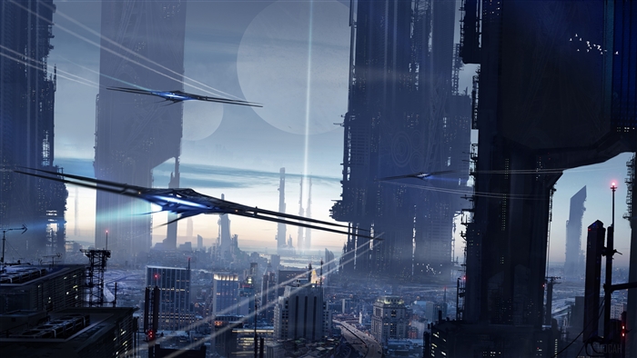Futuristic city with flying vehicles in 4K