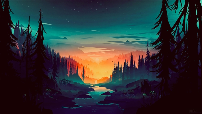 Forest valley with river at sunset 4K