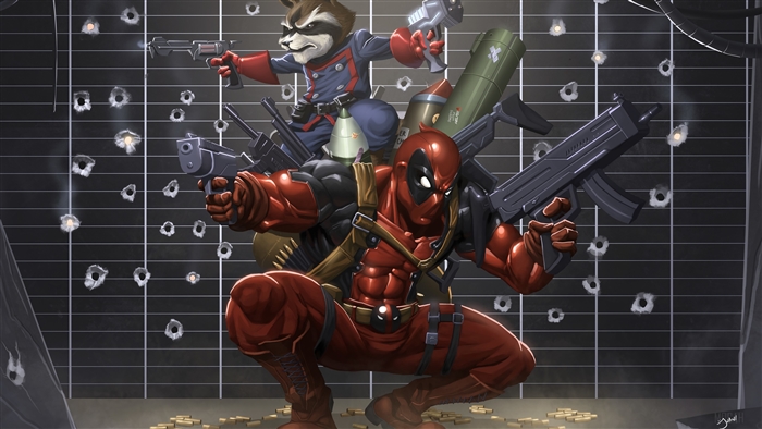 Deadpool and Rocket Raccoon with weapons