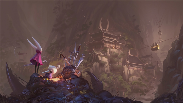 Hornet and Quirrel from Hollow Knight in a fantasy setting