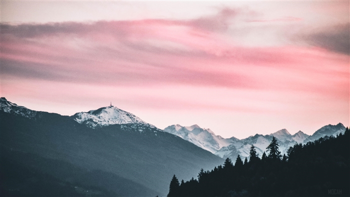 Snow Capped Mountains Under Pink Clouds 4K