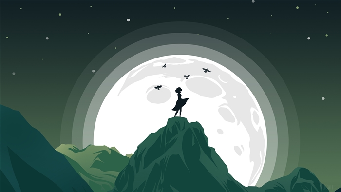 Girl on Mountain Top with Moon and Birds 4K